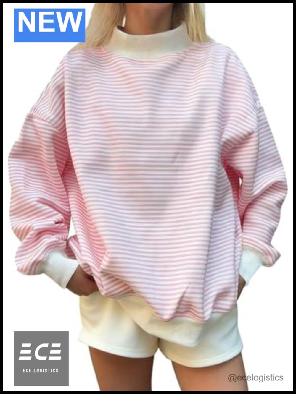 Oversized Mock Neck Striped Sweatshirt Cotton Blend Pullover
